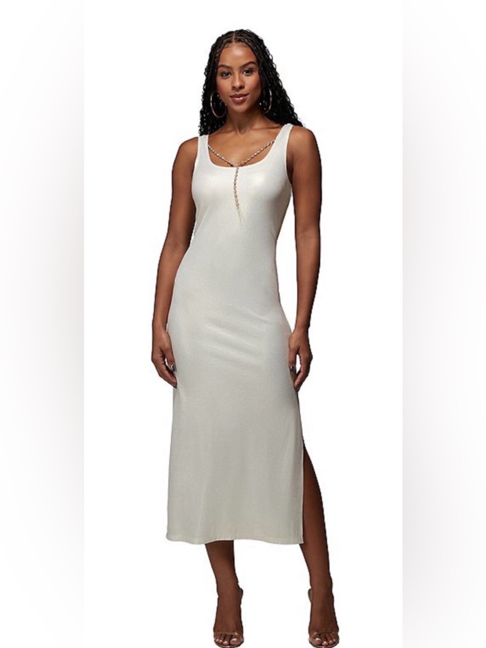Bebe Metallic bodycon maxi necklace dress
